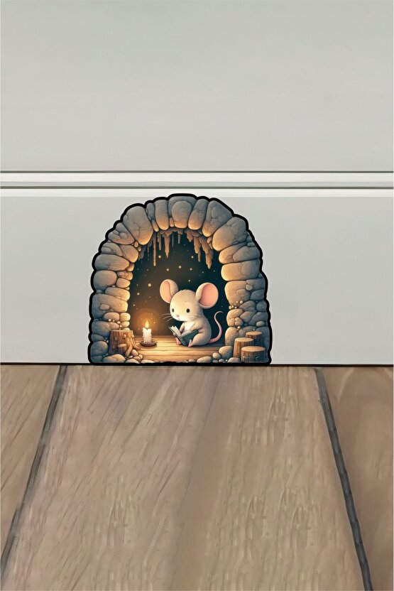 Yuvasında Kitap Okuyan Minik Fare 13,8X12,8 cm Koridor Dolap Oda Ev Dekorasyon Sticker