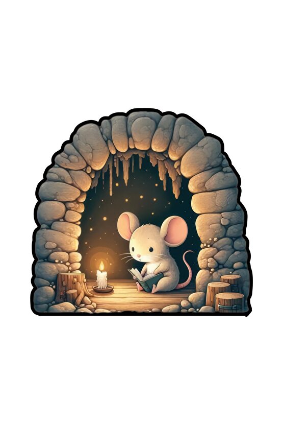 Yuvasında Kitap Okuyan Minik Fare 13,8X12,8 cm Koridor Dolap Oda Ev Dekorasyon Sticker