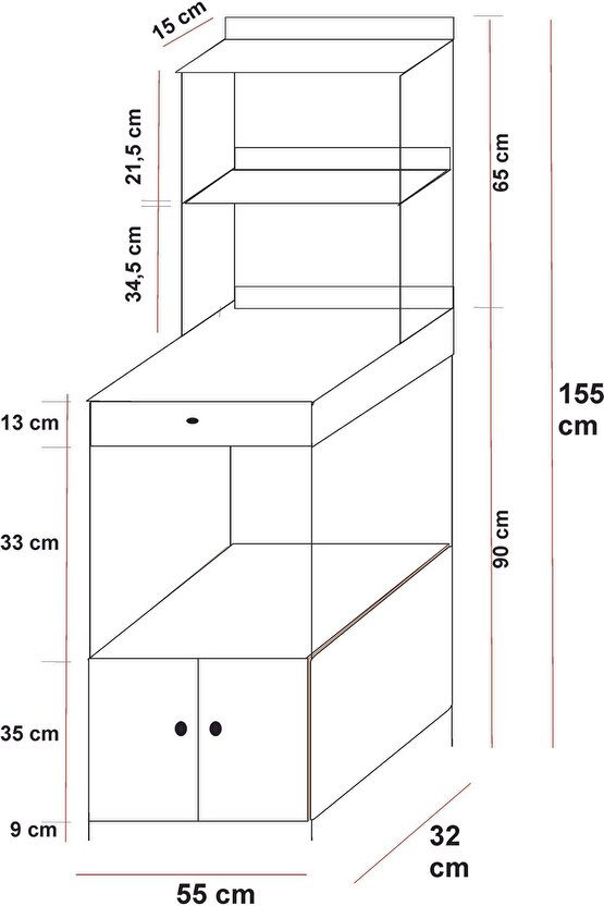 Çok Amaçlı Mutfak Dolabı Mikrodalga ve Mini Fırın Raflı Çekmeceli Metal Gövdeli Mutfak Düzenleyici
