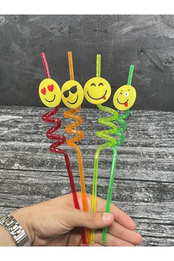 4 Lü Renkli Plastik Şirin Emoji Figürlü Pipet