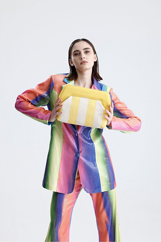 Heybes Kadın Sarı Çizgi Desenli Kanvas Clutch El Çantası