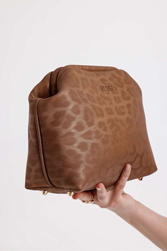 Heybes Kadın Taba Leopar Desenli Deri Clutch El Çantası