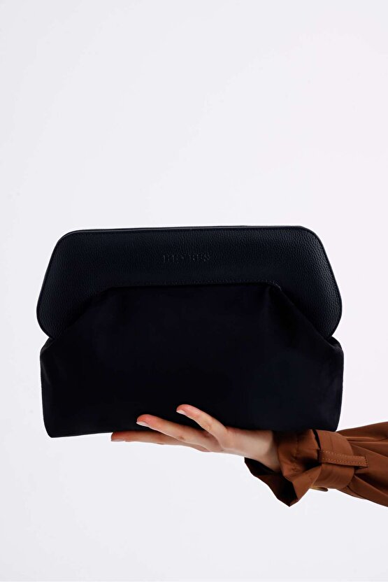 Kadın Siyah Deri Detaylı Süet Clutch El Çantası