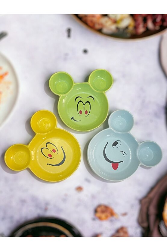 Eğlenceli, Gülen Yüz Emojili Çocuk Mama, Yemek, Kahvaltı Ve Pasta Tabağı 3 Adet Sarı-yeşil-mavi