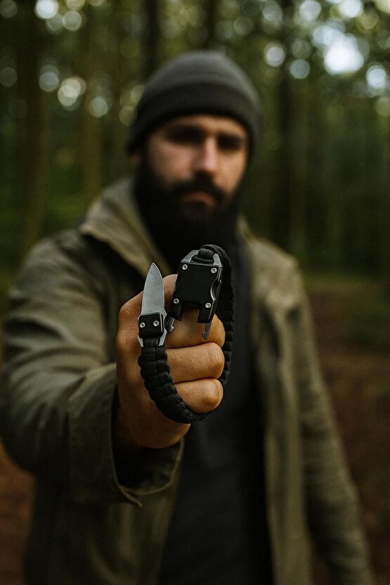 Avcı Paracord Çelik Bıçaklı Bileklik Armalı Seri Sınırlı Sayıda Siyah 9lu Paracord Ipli