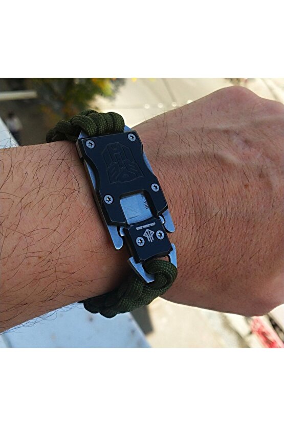 Avcı Kamuflaj Paracord Bilekliik Paslanmaz Çelik Bıçaklı Orjinal Çok Kalite Sağlam Haki Yeşil