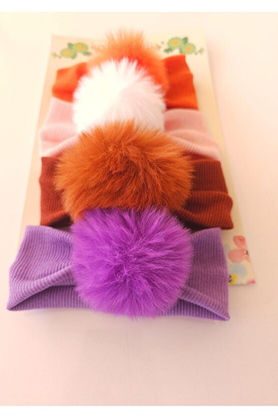 Kız Bebek & Çocuk PonPon Bandana Set - Peluş-Yumuşak-Esnek