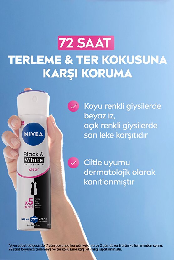 Kadın Sprey Deodorant Black&white Invisible Clear 150ml, 72 Saat Anti-perspirant Koruma