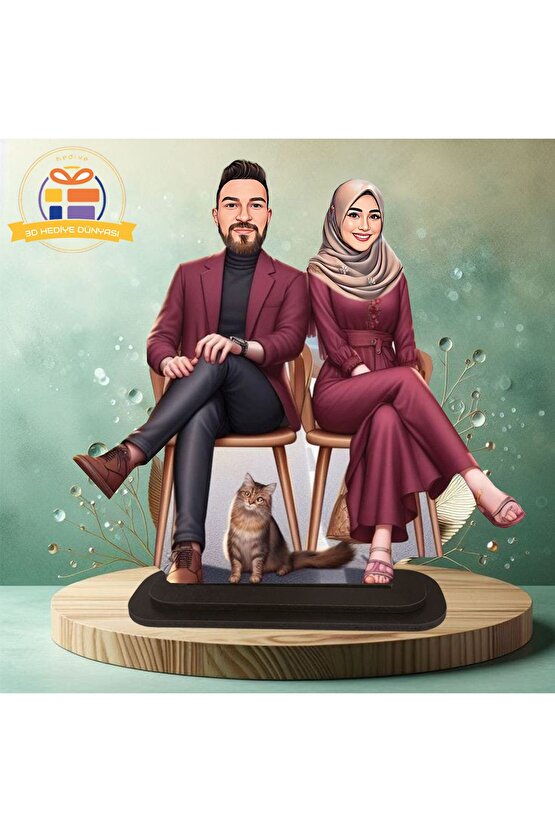 Tesettürlü oturan eşler kedili karikatürü biblo hediye  3d masa üstü biblo hediyesi