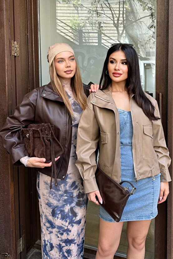 Kadın Oversize Biker Deri Ceket - Çift Büyük Cepli Bomber Kalıp
