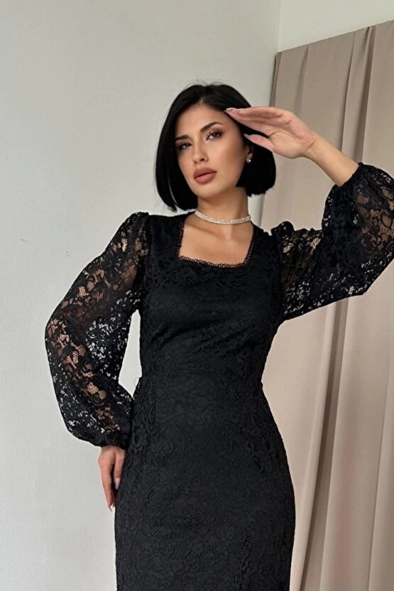 Siyah Güpür Detaylı Dantel Elbise