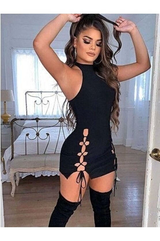 Kadın Halter Yaka Eteği Dekolteli Bağcık Detay Dalgıç Elbise