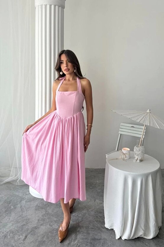 Pembe Boyundan Bağlamalı Keten Elbise