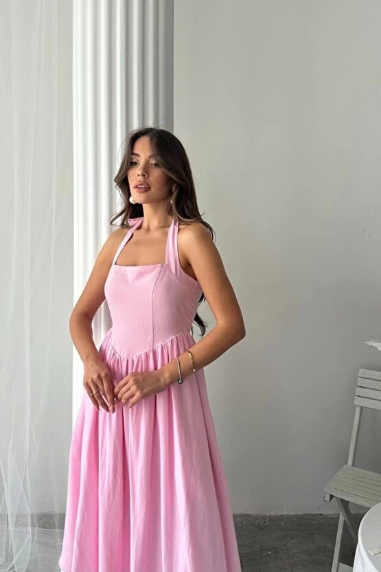 Pembe Boyundan Bağlamalı Keten Elbise