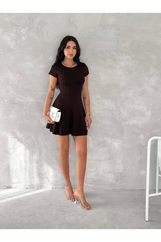 kısa kollu Mini Elbise - Kahverengi