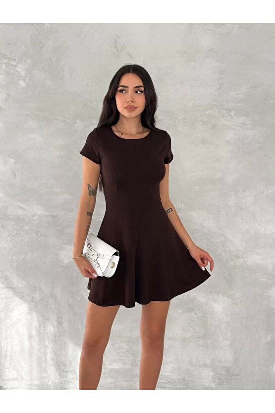 kısa kollu Mini Elbise - Kahverengi