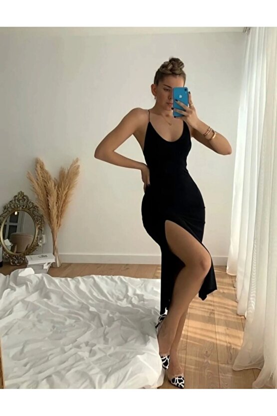 Kadın Kolsuz V Yaka Boyundan Ve Sırttan Bağlamalı Yırtmaçlı Janjan Krep Midi Elbise