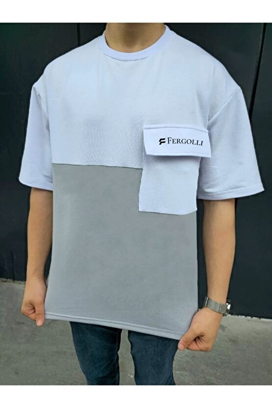 Unisex Torba Cep Detaylı Parçalı T-shirt - Gri