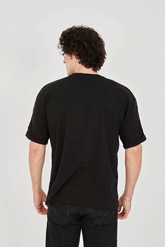 Unisex Jakar Kumaş Rahat Kol T-shirt - Siyah