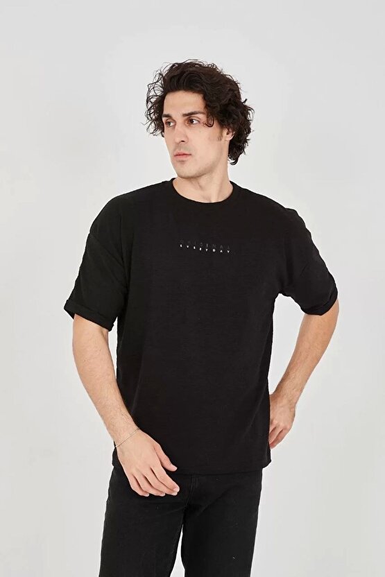 Unisex Jakar Kumaş Rahat Kol T-shirt - Siyah