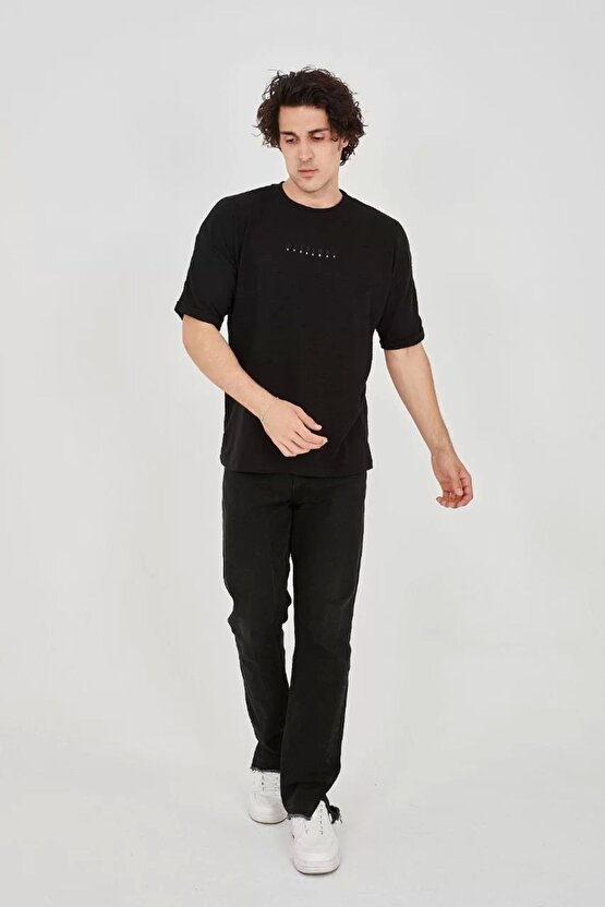 Unisex Jakar Kumaş Rahat Kol T-shirt - Siyah