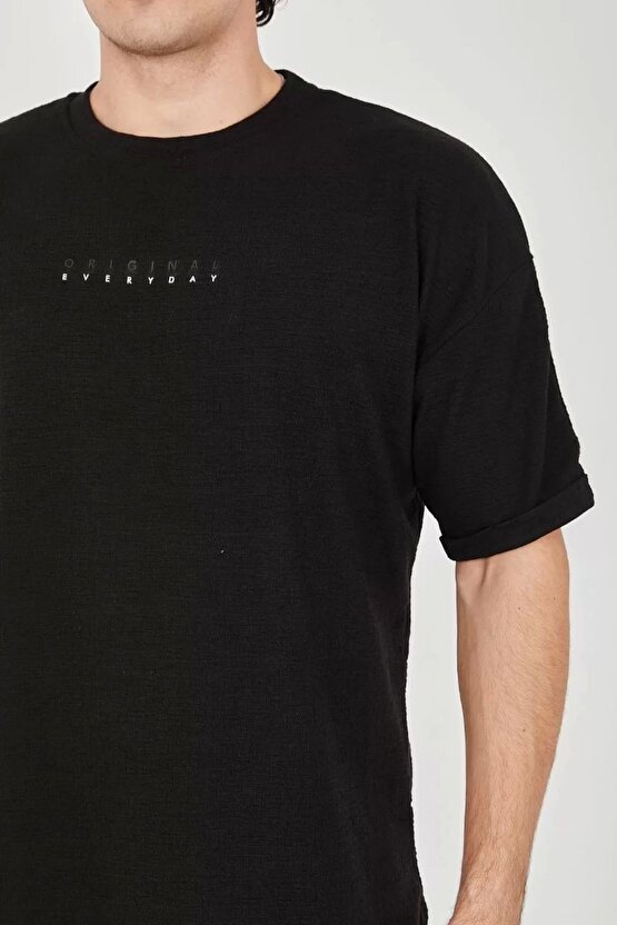 Unisex Jakar Kumaş Rahat Kol T-shirt - Siyah