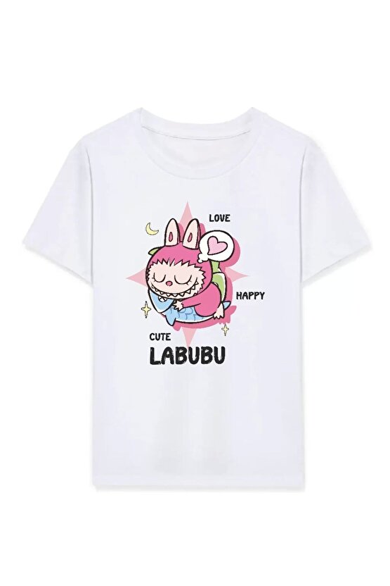 Kız Labubu Çocuk Baskılı T-Shirt - Beyaz