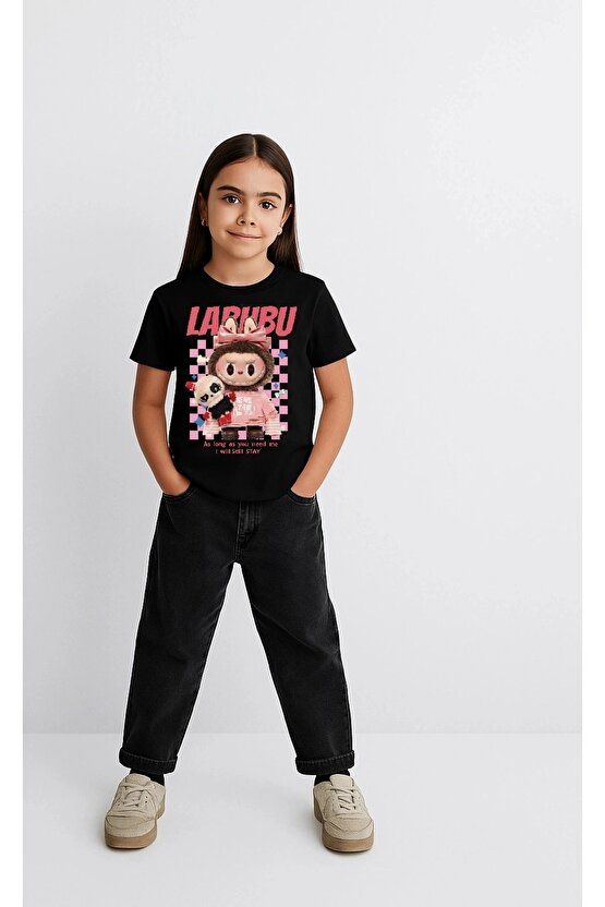 Kız Labubu Çocuk Baskılı T-Shirt - Siyah