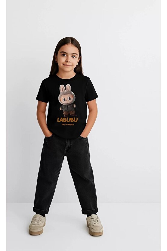 Kız Labubu Çocuk Baskılı T-shirt - Siyah