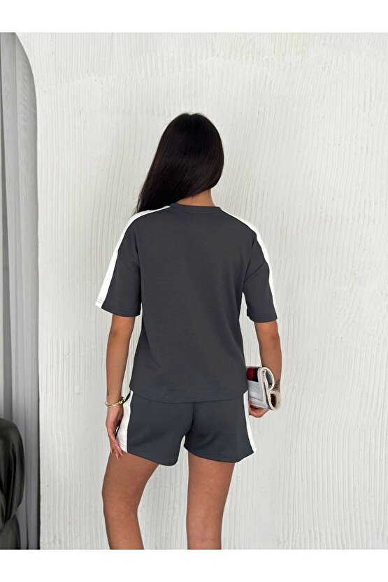 eyesof Osy Modal Yumuşak Dokulu Kumaş Parçalı Bisiklet Yaka T-shirt Kısa Şort İkili Takım - Antrasit