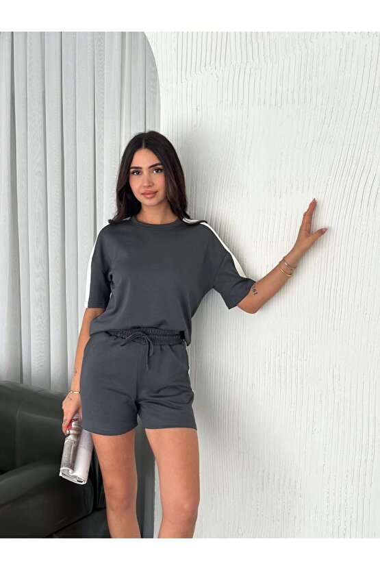 eyesof Osy Modal Yumuşak Dokulu Kumaş Parçalı Bisiklet Yaka T-shirt Kısa Şort İkili Takım - Antrasit