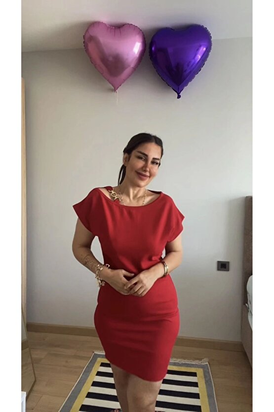 Kadın Kısa Kollu Tek Omuz Askı Ve Aksesuar Detay Beli Lastikli Krep Elbise