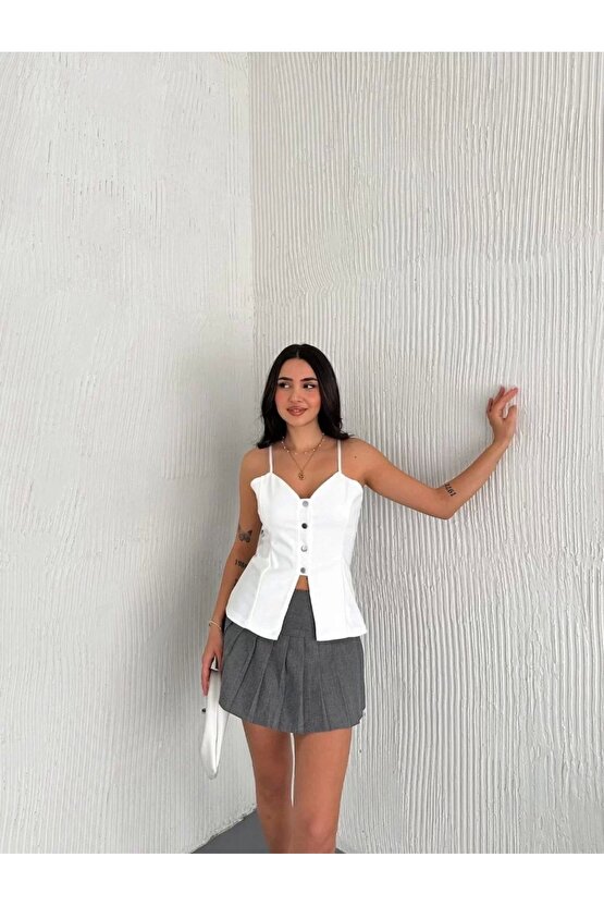 Askılı Dekolte deraylı bluz crop - Beyaz