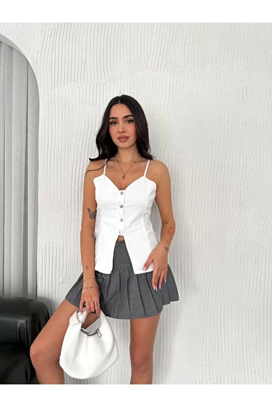 Askılı Dekolte deraylı bluz crop - Beyaz