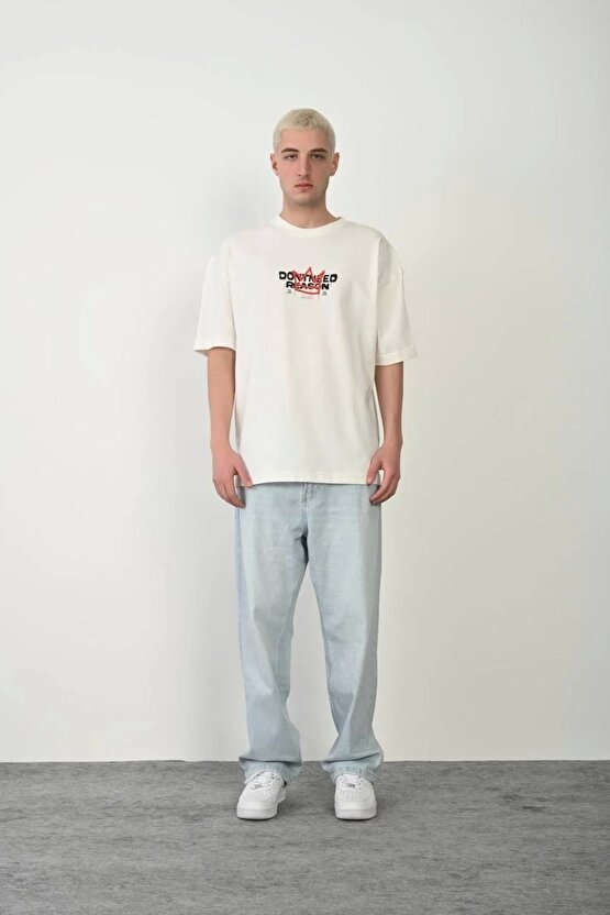 Unisex Bisiklet Yaka Baskılı Oversize T-Shirt - Beyaz