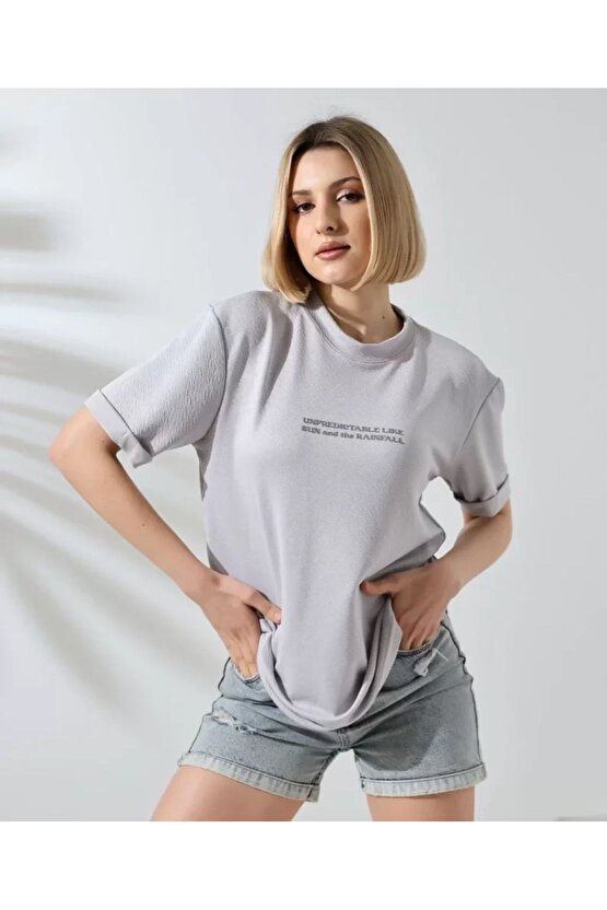 Unisex Bisiklet Yaka Baskılı Slim Fit T-Shirt - Boyalı Gri