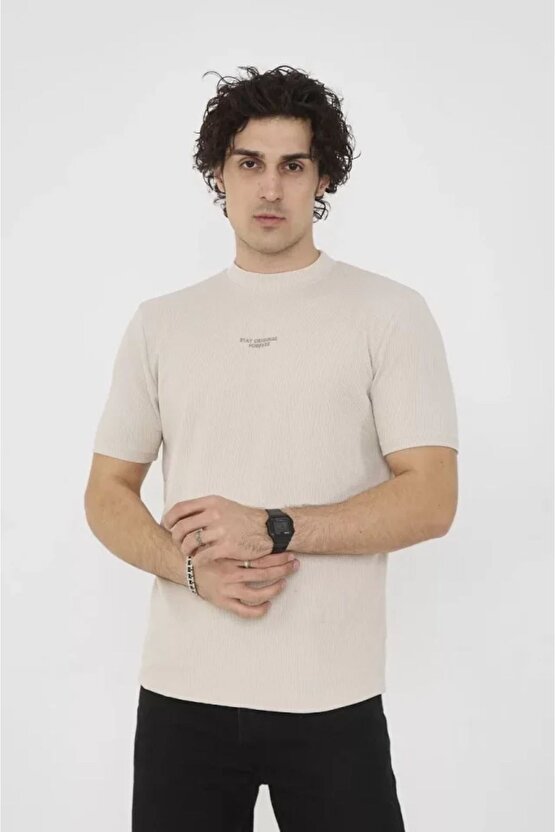 Moda Shop & Butik Unisex Bisiklet Yaka Slim Fit T-shirt- Bej