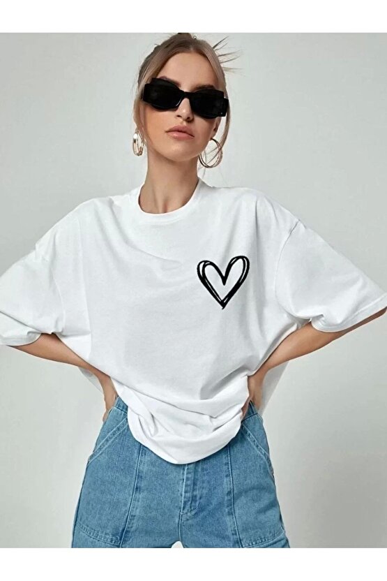 Kadın Bisiklet Yaka Baskılı Oversize T-Shirt - Beyaz