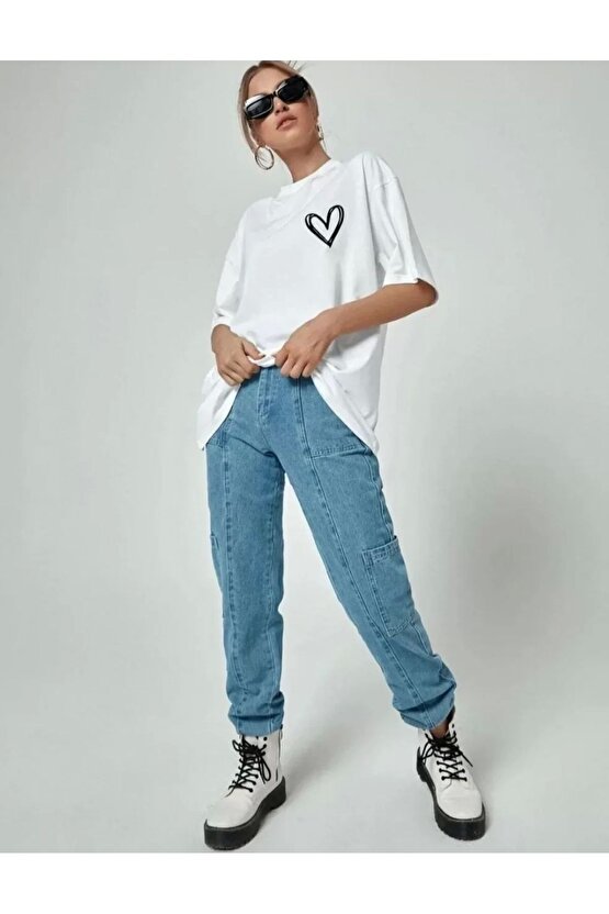 Kadın Bisiklet Yaka Baskılı Oversize T-Shirt - Beyaz