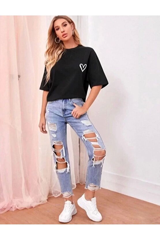 Kadın Bisiklet Yaka Baskılı Oversize T-Shirt - Siyah
