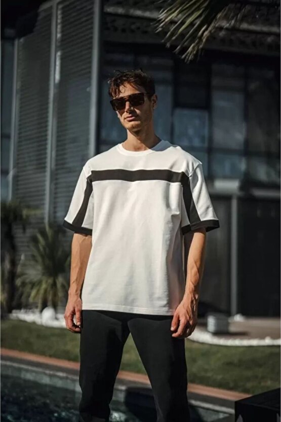 Moda Shop & Butik Unisex Yandan Fermuarlı Parçalı T-shirt - Beyaz