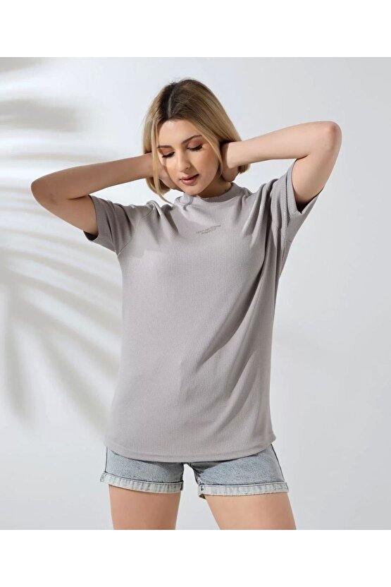 Unisex Bisiklet Yaka Baskılı Slim Fit T-Shirt - Boyalı Gri