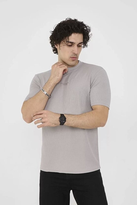 Unisex Bisiklet Yaka Slim Fit T-shirt- Boyalı Gri