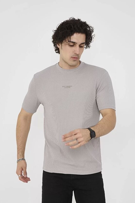 Unisex Bisiklet Yaka Slim Fit T-shirt- Boyalı Gri