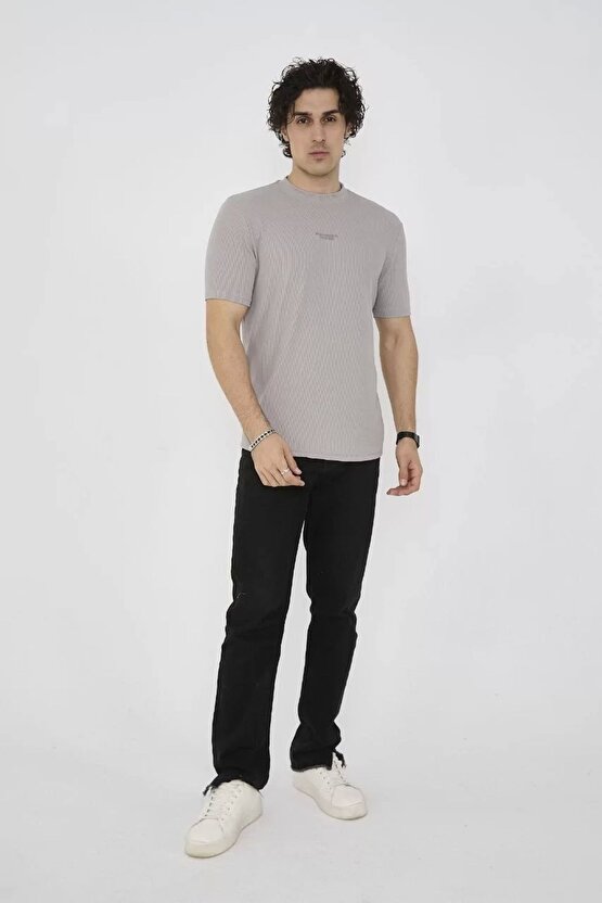 Unisex Bisiklet Yaka Slim Fit T-shirt- Boyalı Gri