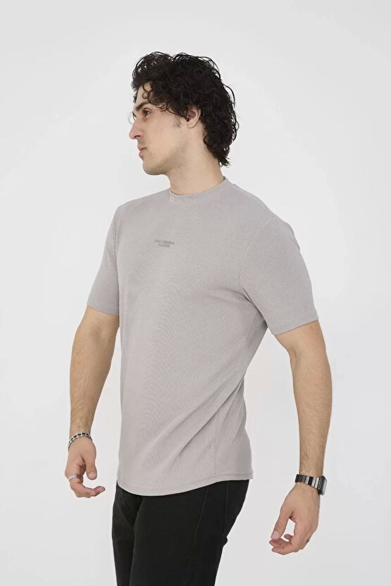 Unisex Bisiklet Yaka Slim Fit T-shirt- Boyalı Gri