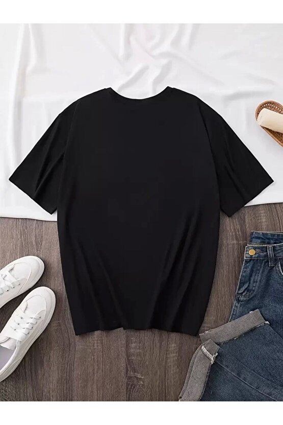 201 Penye Compack Baskılı Oversize Bisiklet Yaka Kısa Kol Yazlık T-shirt - Siyah