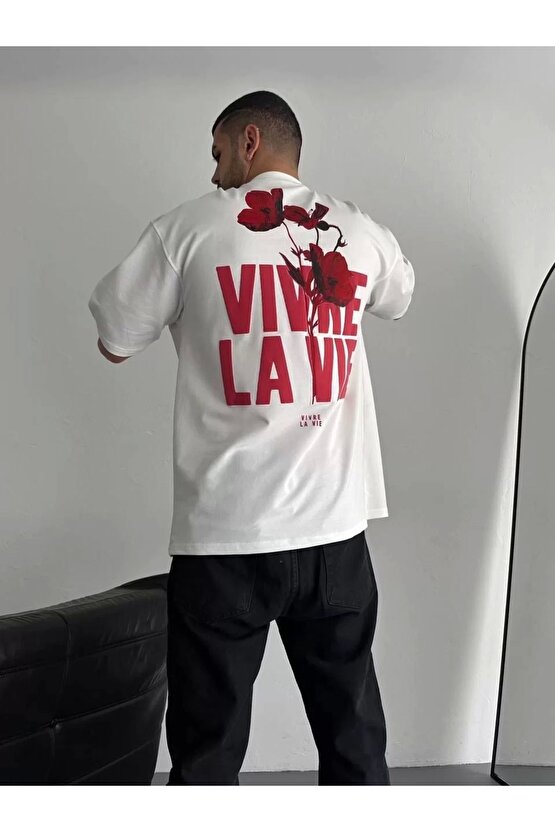 Baskılı Oversize Bisiklet Yaka T-shirt - Beyaz