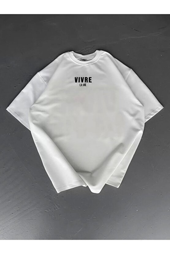 Baskılı Oversize Bisiklet Yaka T-shirt - Beyaz