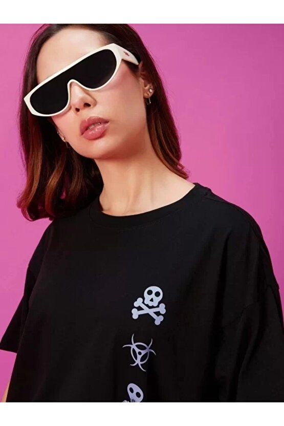 Kadın Baskılı Oversize T-shirt - Siyah